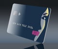 A beautiful girlÃ¢â¬â¢s face is part of the design of a generic blue credit card in this 3-D illustration.